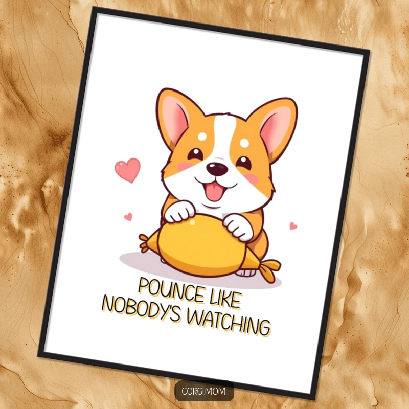 Funny kawaii corgi in a dynamic pouncing pose on a squeaky toy, depicted in a humorous and charming art poster.