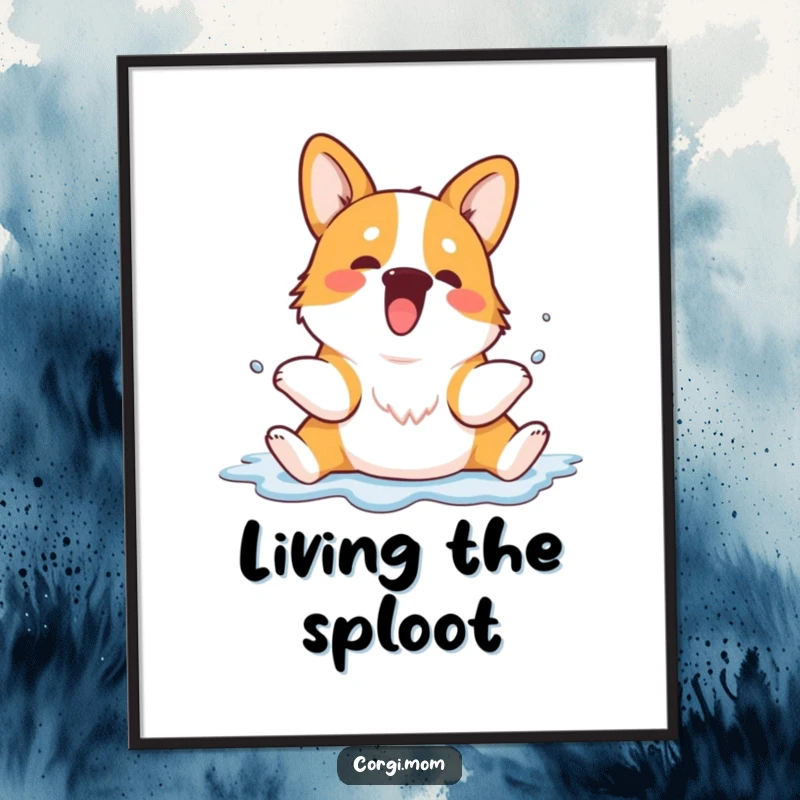 Funny Kawaii Corgi poster art of a dog in a signature sploot pose, radiating infectious joy and humor.
