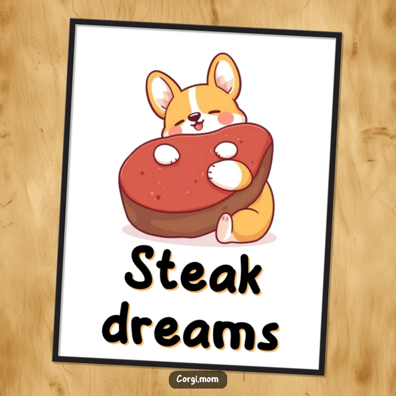 Funny Kawaii Corgi poster, blissfully hugging a large plush steak, humorous wall art for dog enthusiasts.