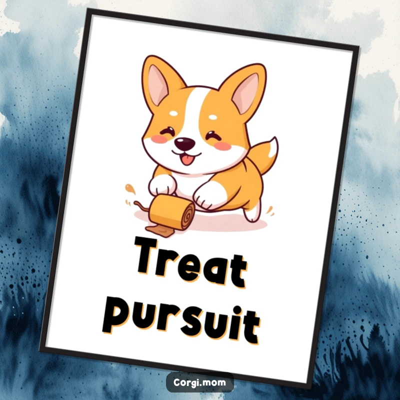 Funny Kawaii Corgi poster, stubby legs hilariously chasing a rolling treat, a vibrant and comical depiction of canine determination.