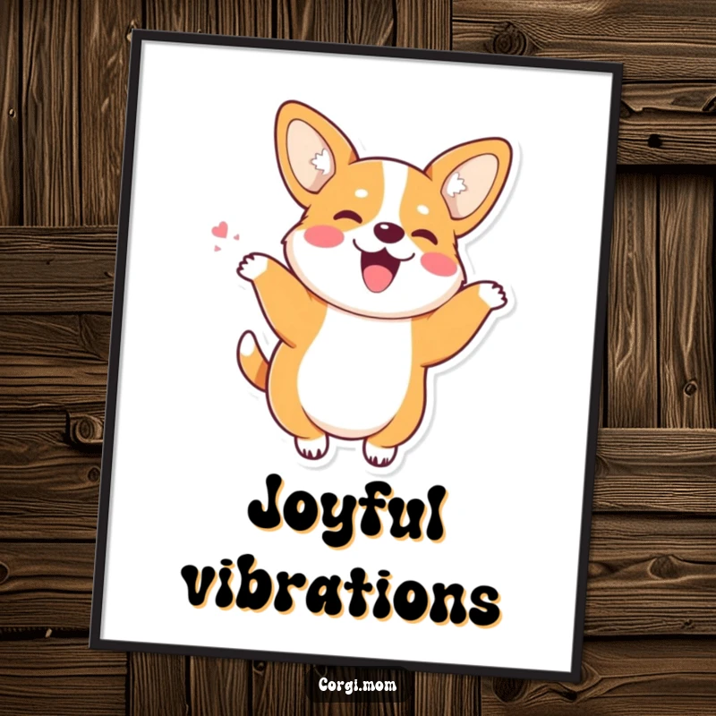 Funny Kawaii Corgi with perky ears doing a joyful wiggle dance, humorous and heartwarming wall art.