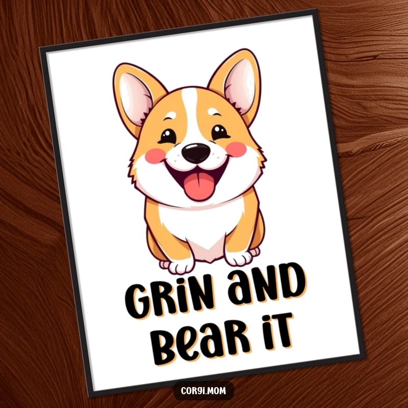 Funny Poster featuring a Kawaii Corgi with an enormous, hilarious grin, radiating pure, unadulterated happiness and charm.