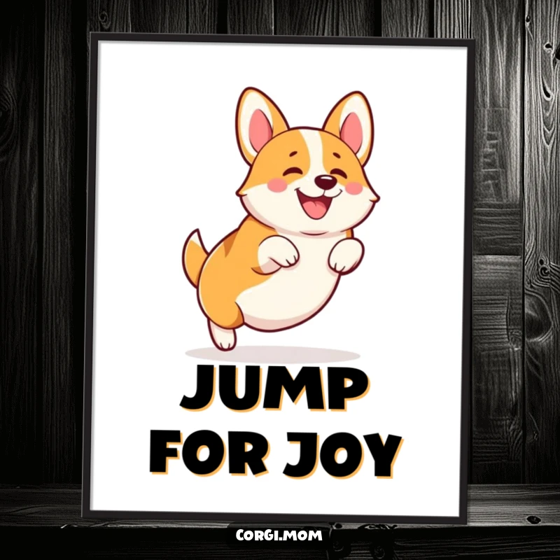 Funny Kawaii Corgi poster, celebrating a happy squatting leap with energetic stubby legs, radiating pure joy and playful spirit.