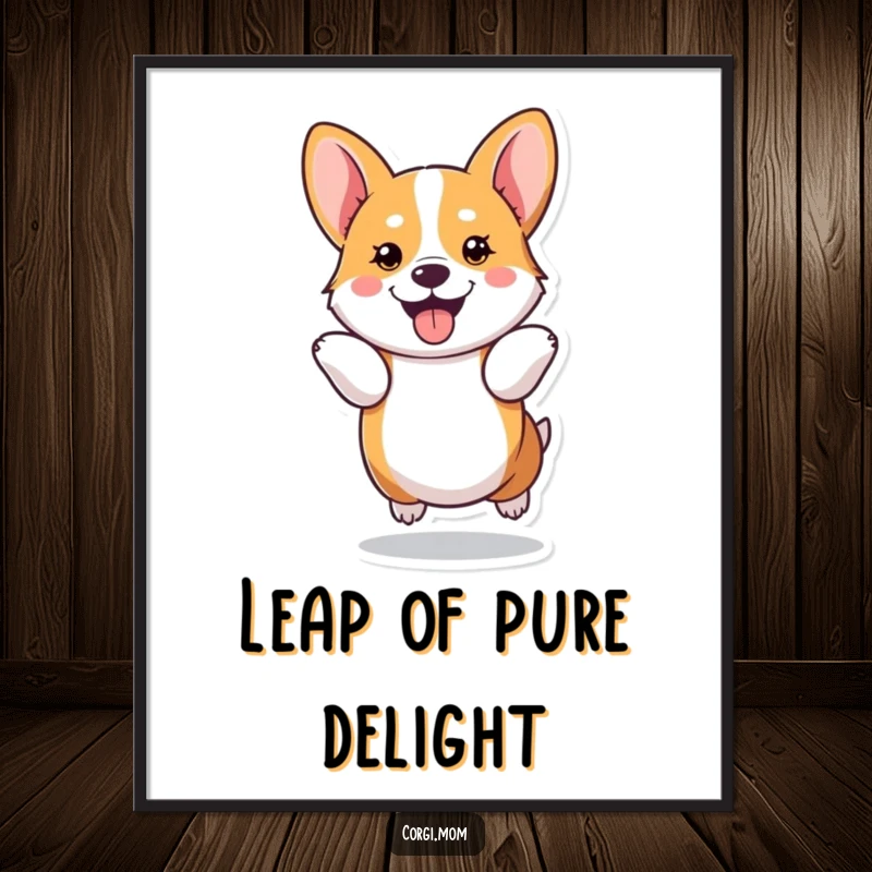 Funny kawaii Corgi performs a joyful hop using its short legs, creating a dynamic and uplifting piece of wall art.