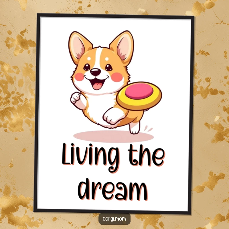 Funny Kawaii Corgi Poster: A colorful print of a happy Corgi joyfully running after a bright frisbee.