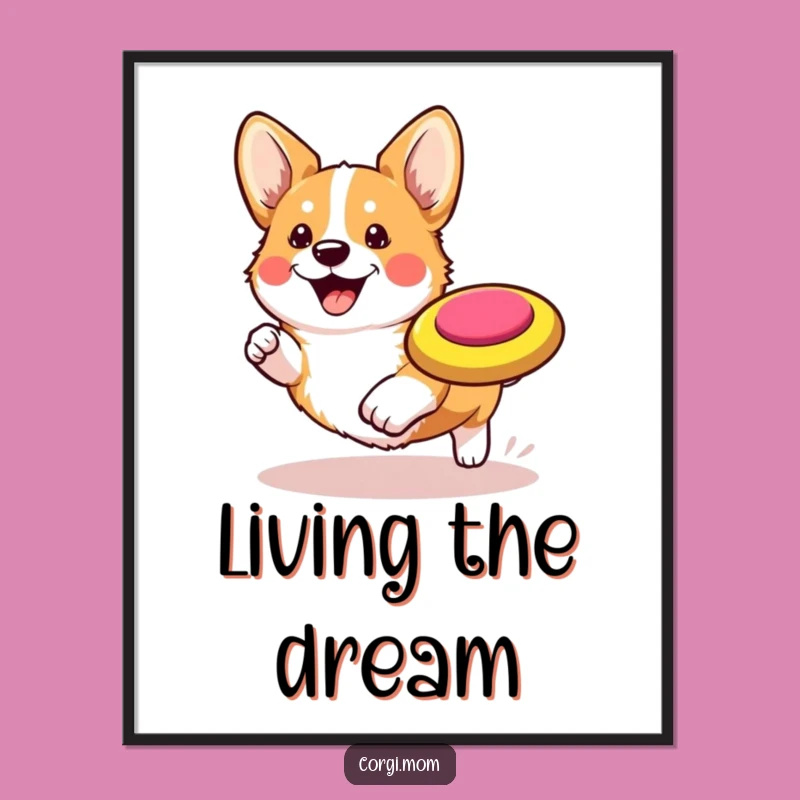 Funny Kawaii Corgi Poster: Joyful Frisbee Chase Wall Art