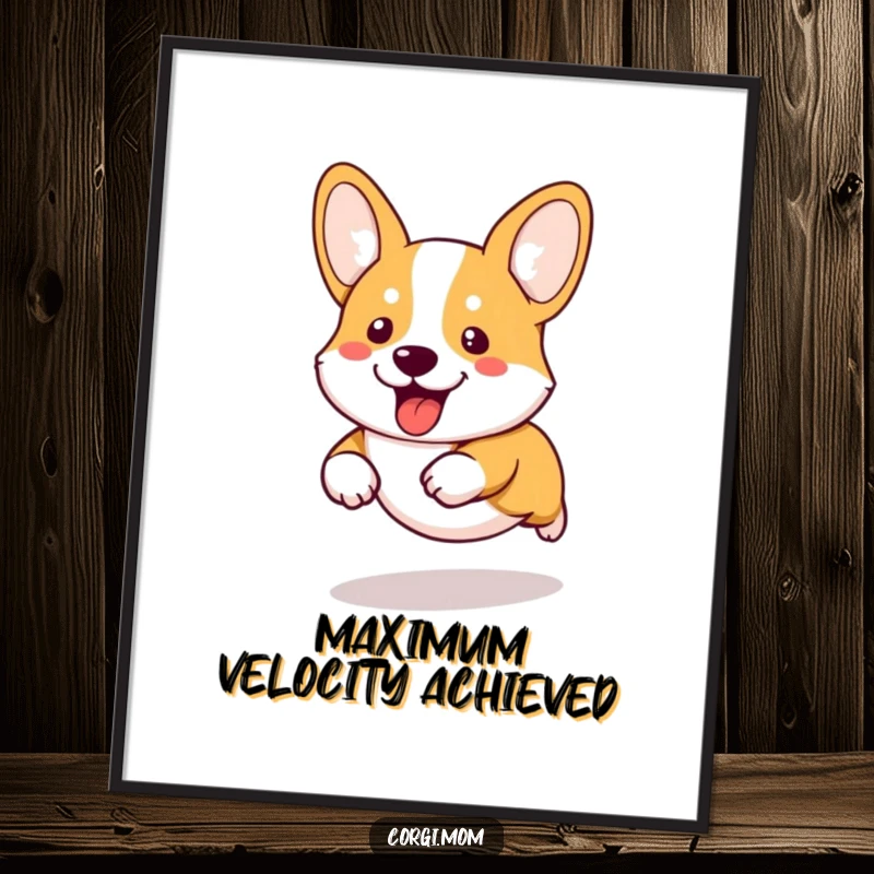 Funny kawaii corgi with extremely short legs running with gusto, depicted in a charming and humorous art poster.