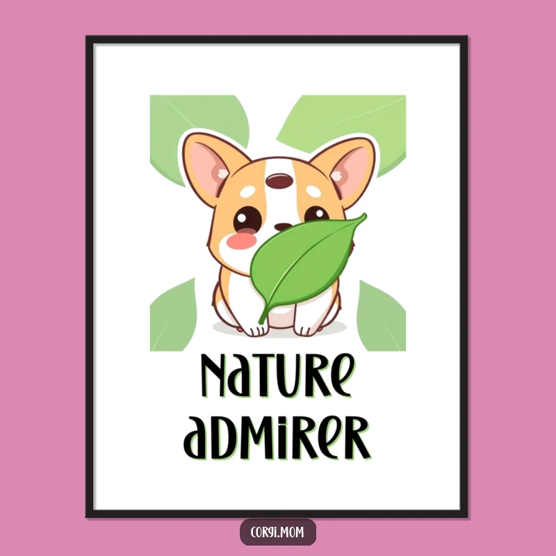 Funny Kawaii Corgi Leaf Curiosity Poster: Adorable Art for Nature Lovers