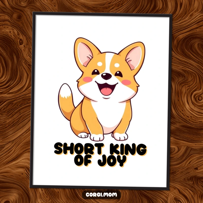 Funny Corgi poster art of a gleeful Corgi with a happily wagging stubby tail, capturing canine excitement.
