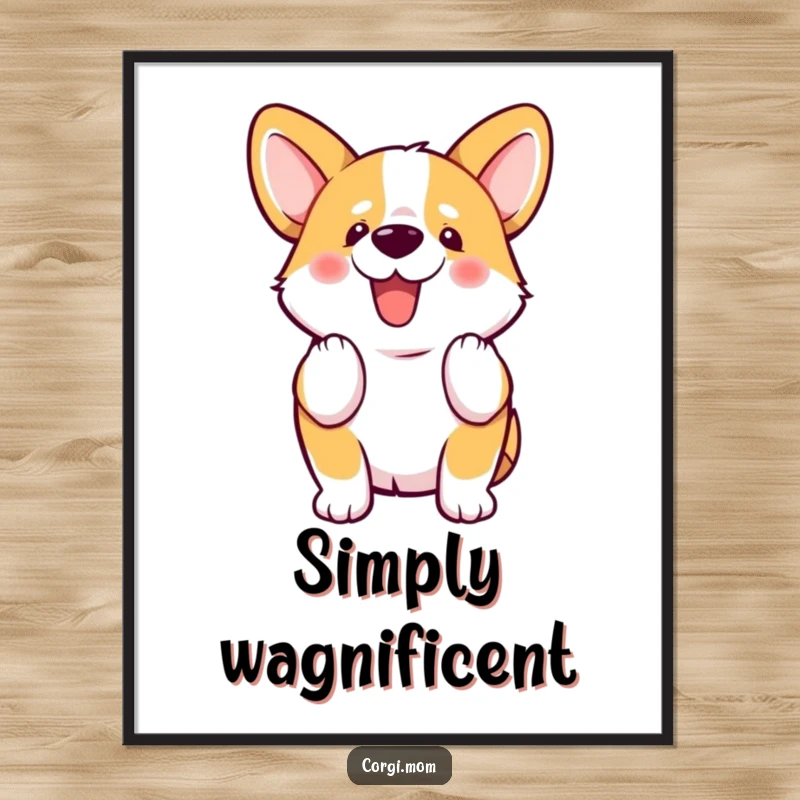 Funny kawaii Corgi enthusiastically wiggles its stubby tail, creating a dynamic and joyful piece of wall art.