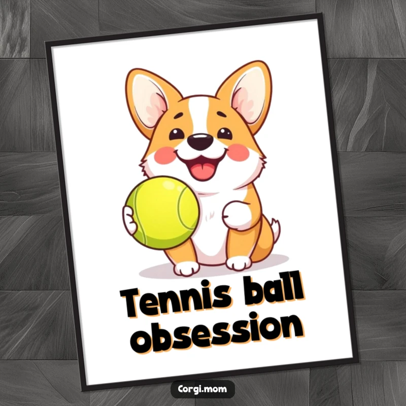 Funny Kawaii Corgi Poster depicting a dog with a cheerful grin and tennis ball, ideal for humorous wall art and playful decor.