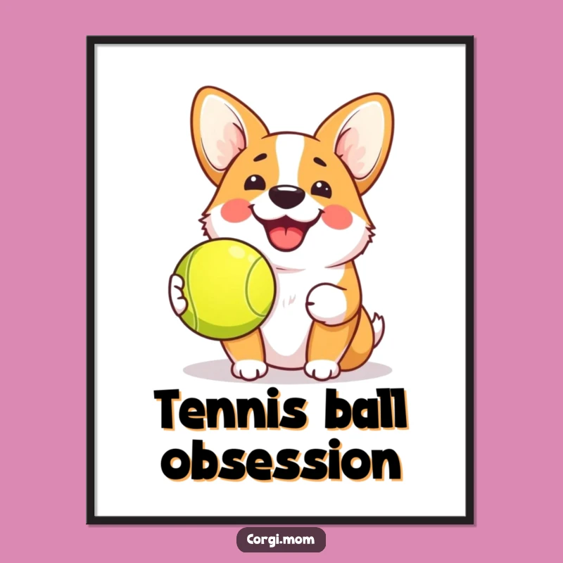 Funny Kawaii Corgi Grin Poster - Tennis Ball Pup Art Gift