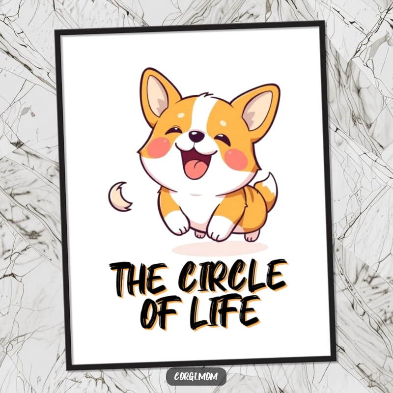 Funny and happy Corgi character in a comical spin, chasing its own tail, presented as wall art.