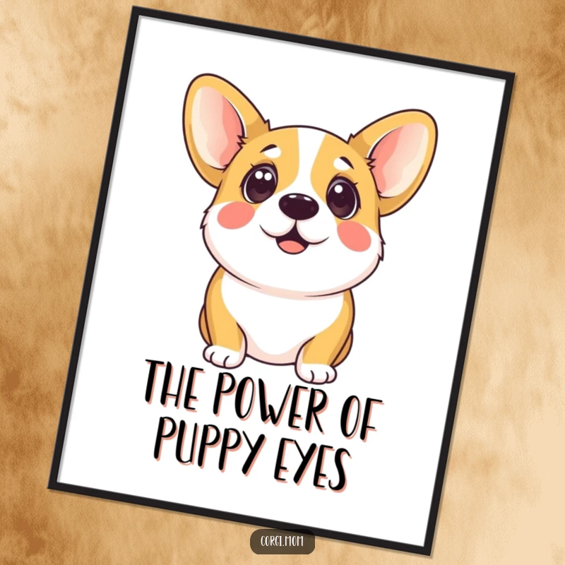 Funny kawaii corgi with large, soulful, eager eyes looking up, creating a heartwarming and humorous art poster.