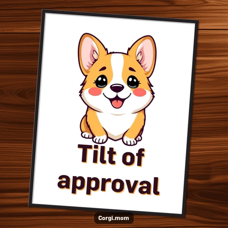 Funny poster of a kawaii corgi with a comical, happy head tilt, capturing an endearing and curious expression.