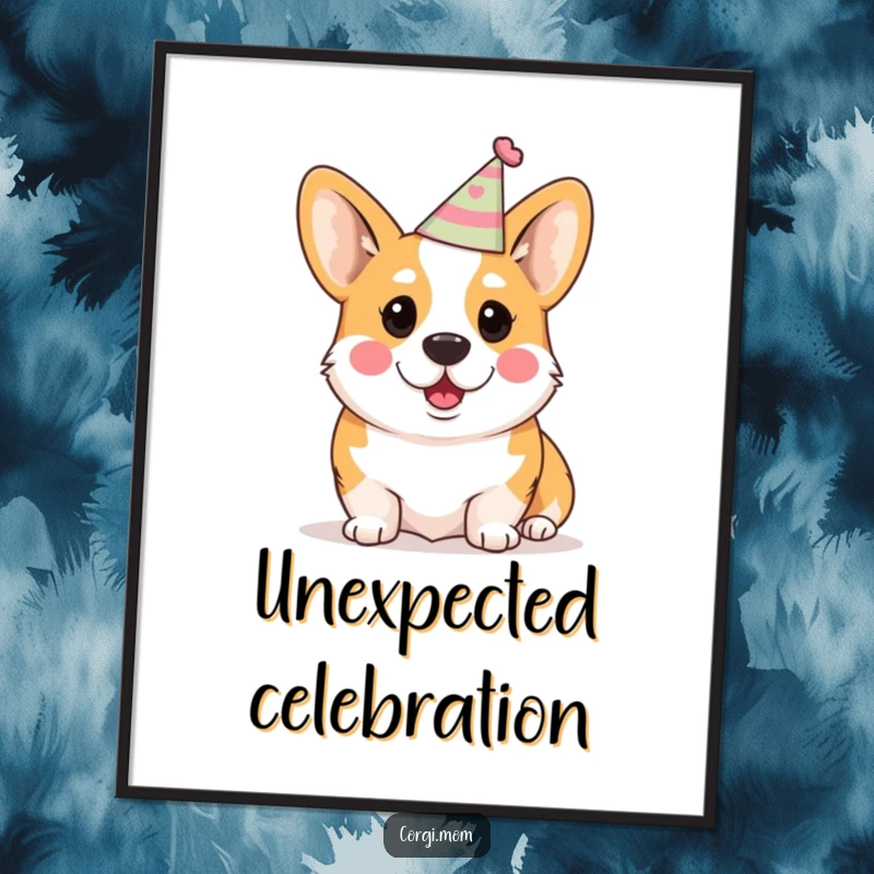 Funny Kawaii Corgi Poster: A print of a cute Corgi wearing a party hat and looking hilariously surprised.