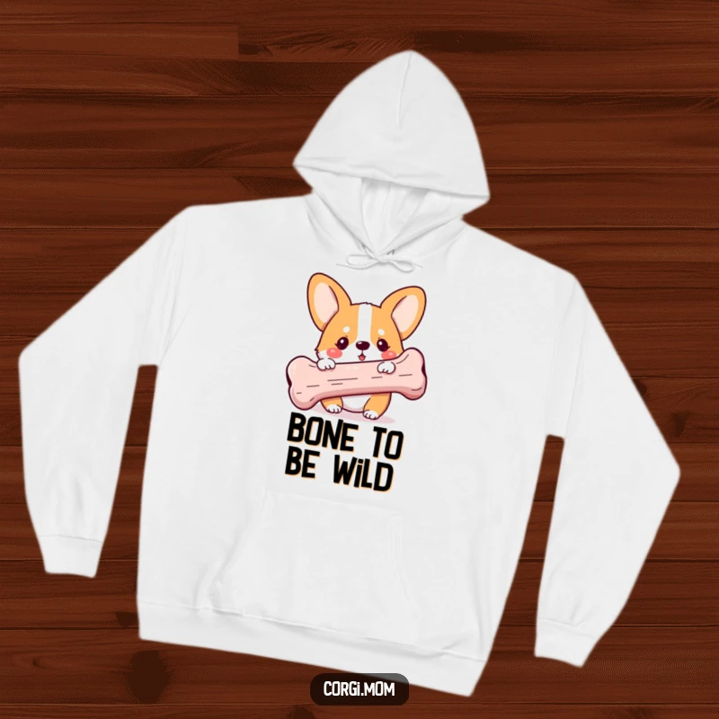 Funny Kawaii Corgi hoodie, peeking with a playful glint behind a comically large bone, exceptionally cozy and cute for any Corgi fan.