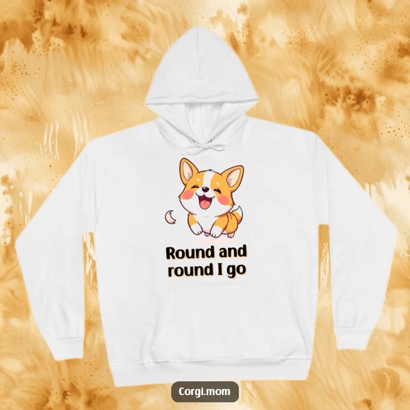 Funny and happy Corgi character spinning around, chasing its tail, featured on a warm and cozy hoodie.