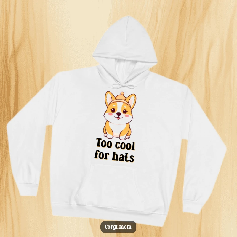 Funny Kawaii Corgi hoodie, comical expression, miniature hat tilted askew, offering cozy comfort and humorous style.
