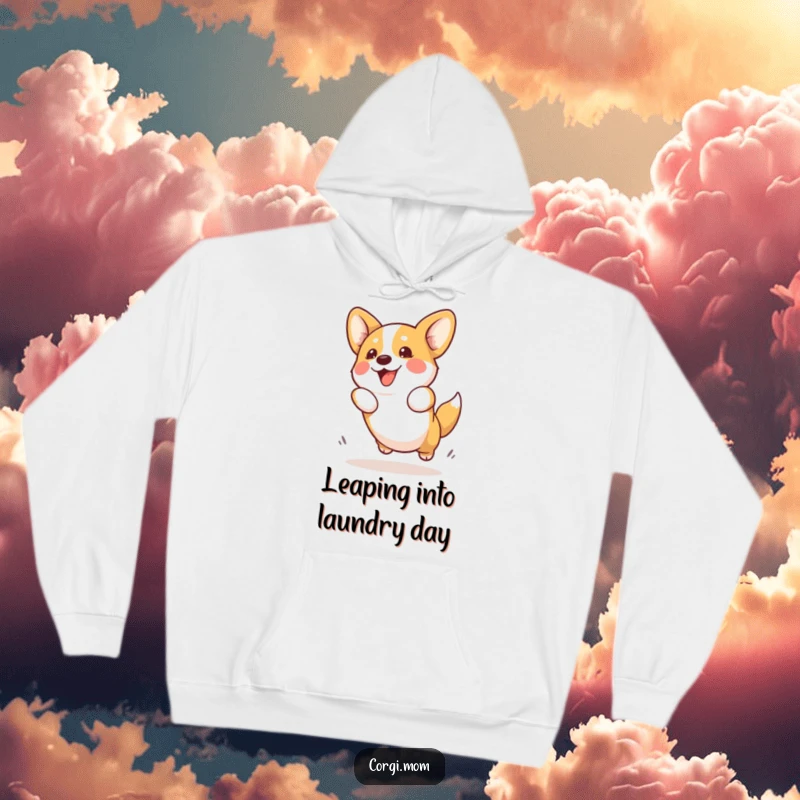 Funny Kawaii Corgi Hoodie featuring a cute Corgi dog enthusiastically attempting a playful jump, perfect for cozy, humorous, dog-loving wear.