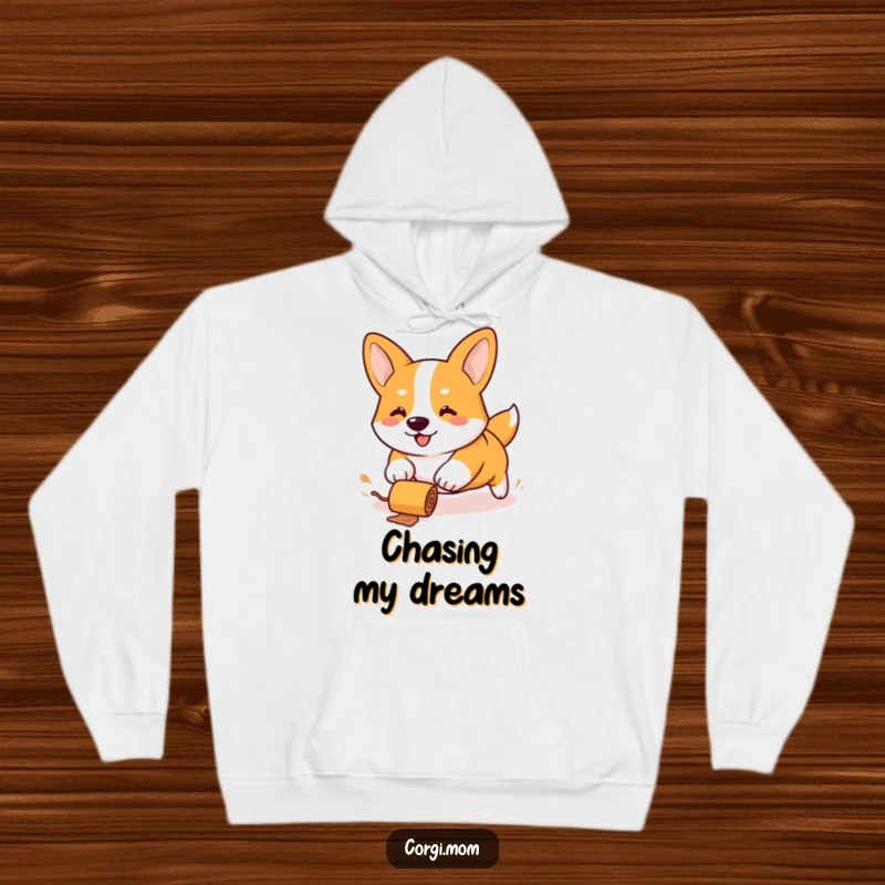 Funny Kawaii Corgi hoodie, stubby legs enthusiastically chasing a rolling treat, depicting a scene of pure, comical canine energy and joy.