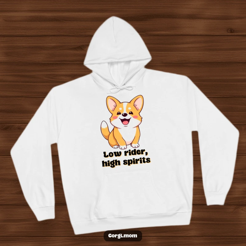 Funny Corgi hoodie showing a happy Corgi with a gleeful expression and a furiously wagging stubby tail, perfect for dog lovers.