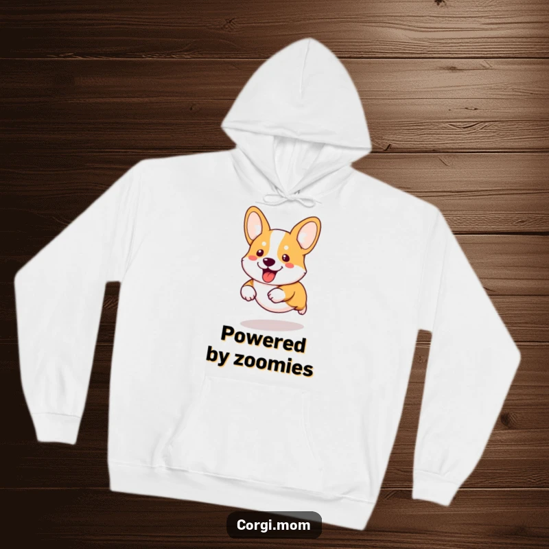 Funny kawaii corgi with adorably short legs caught in a hilarious running motion, printed on a warm and cozy hoodie.