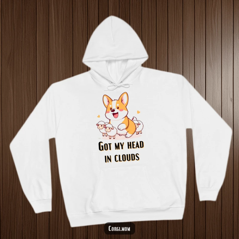 Funny Kawaii Corgi Hoodie featuring an energetic corgi passionately herding a flock of imaginary sheep with gusto.
