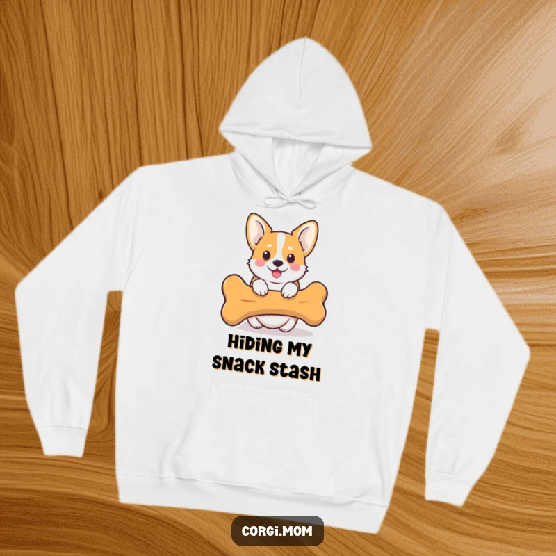 Funny Kawaii Corgi Hoodie featuring a cute Corgi dog peeking from behind a large bone, offering cozy and humorous appeal.