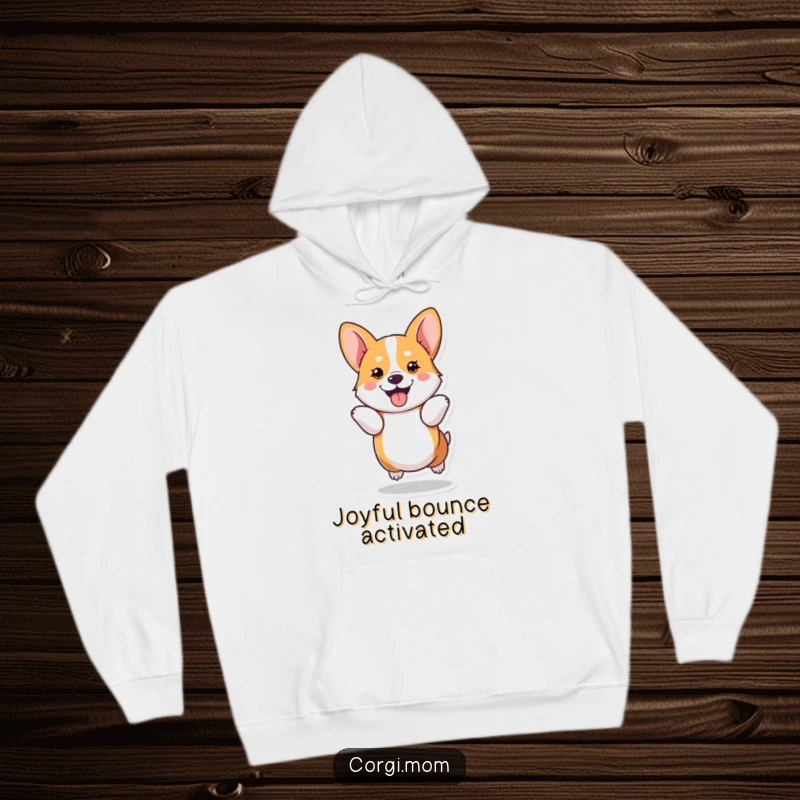 Funny kawaii Corgi executes a joyful hop with its short legs, adding cheer to this comfortable hoodie.