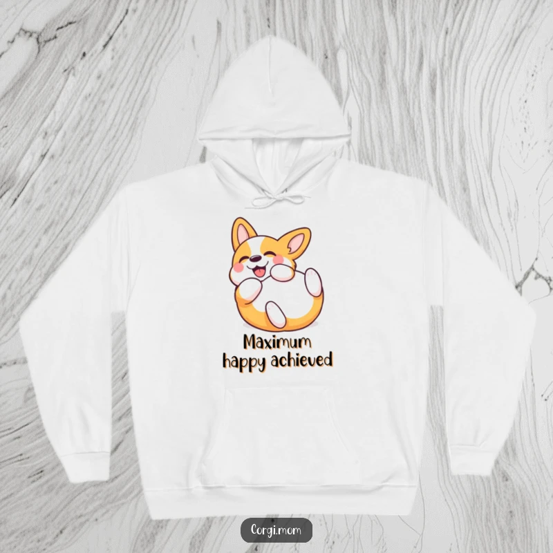 Funny Kawaii Corgi Hoodie, captured mid-roll with ecstatic abandon, perfect for dog lovers' cozy wear. A humorous and warm apparel item.