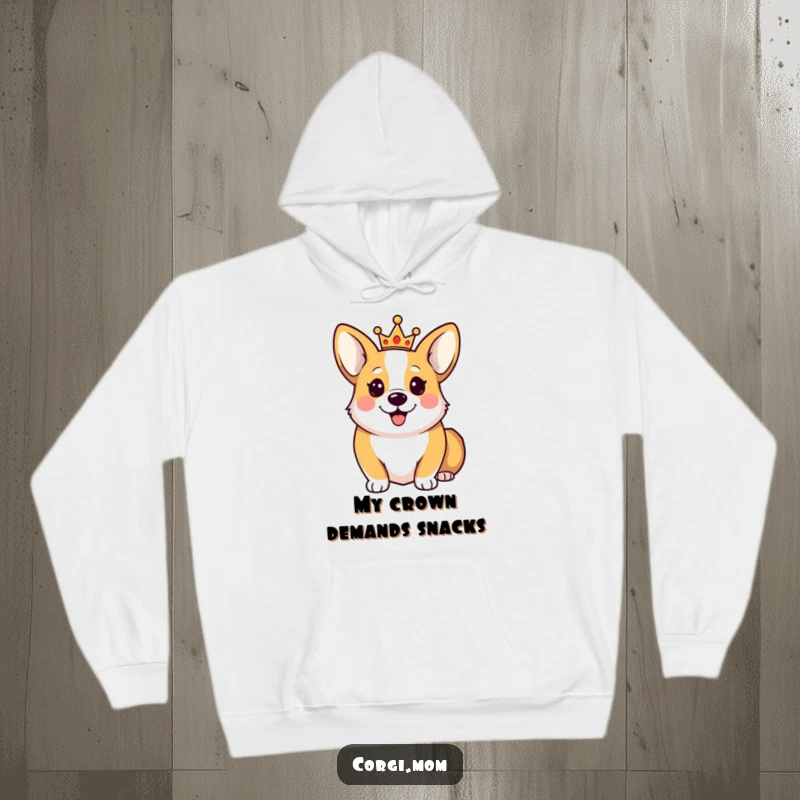 Funny Happy Corgi Hoodie showing a cute Corgi dog wearing a small, regal crown, embodying comfort and royal humor.