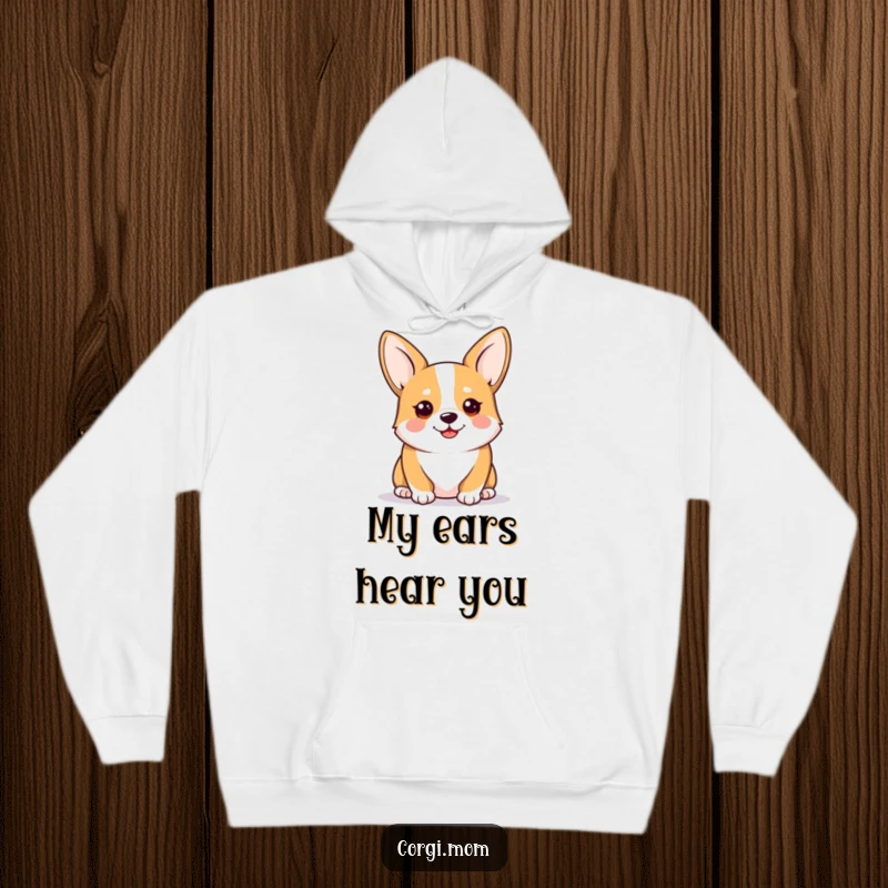Funny Kawaii Corgi Hoodie, featuring an alert and happy corgi with perked ears, perfect for cozying up, a great gift.