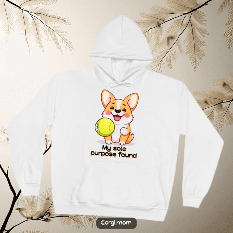 Funny Kawaii Corgi Hoodie showing a dog with a grin and tennis ball, offering warmth and humor for fans of funny pet designs.