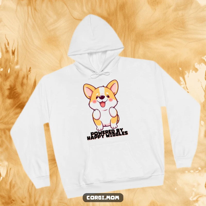 Funny kawaii Corgi enthusiastically wiggles its stubby tail, bringing warmth and humor to this plush hoodie.