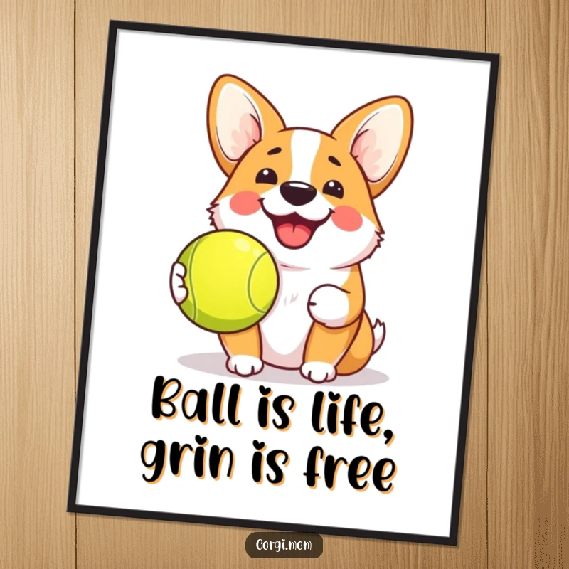 Funny Free Printable Wall Art: A kawaii corgi with a beaming, cheerful grin, holding a bright tennis ball.