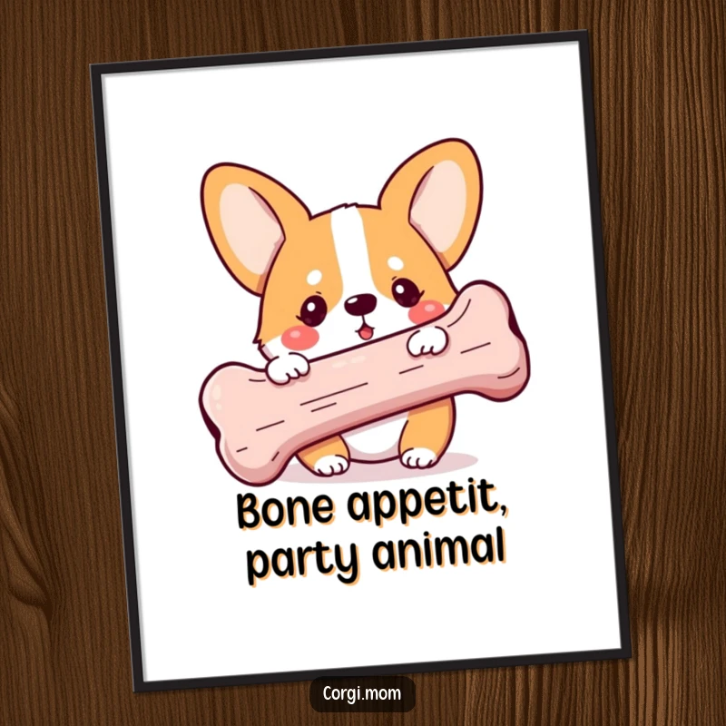 Funny Free Printable Corgi Wall Art: Adorable Corgi hiding behind an enormous bone, radiating mischief.