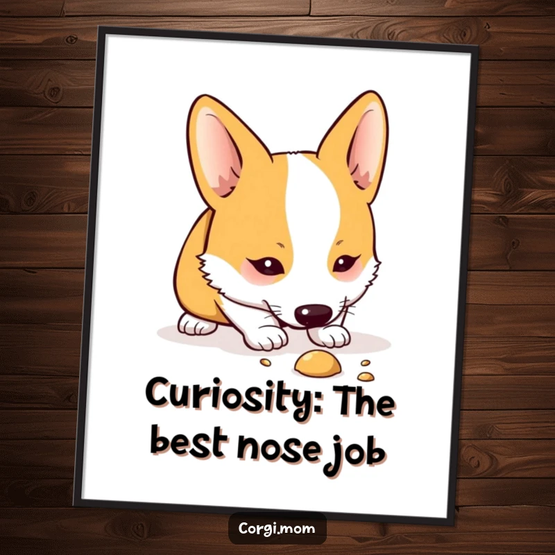Funny Free Printable Wall Art: Kawaii Corgi with intense focus, sniffing the ground with curious intent.