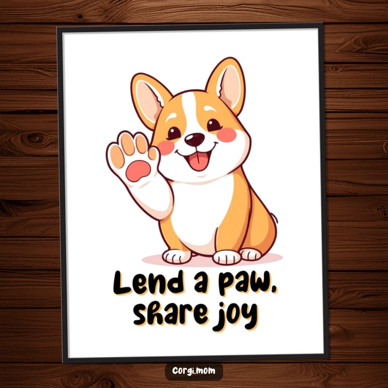Funny Free Printable Corgi Wall Art: A happy corgi offering a friendly paw with a pant, radiating warmth and cheer.