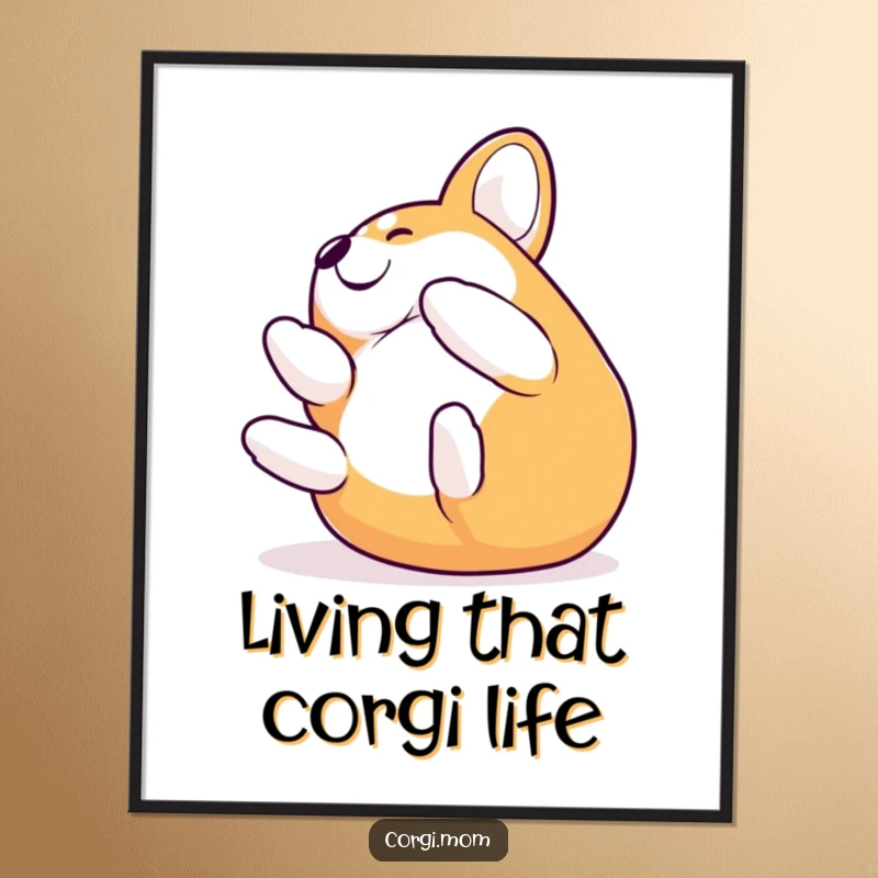 Funny Free Printable Corgi Wall Art: Stylized happy dog rolling on its back in utter bliss.