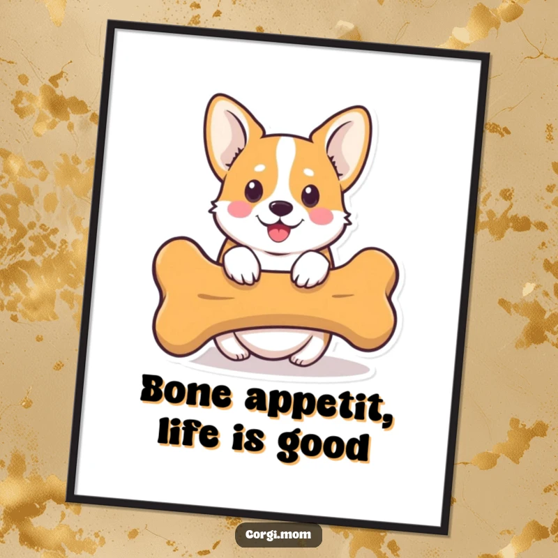 Funny Free Printable Wall Art: Cute kawaii Corgi peeking from behind an enormous bone, full of playful mischief.