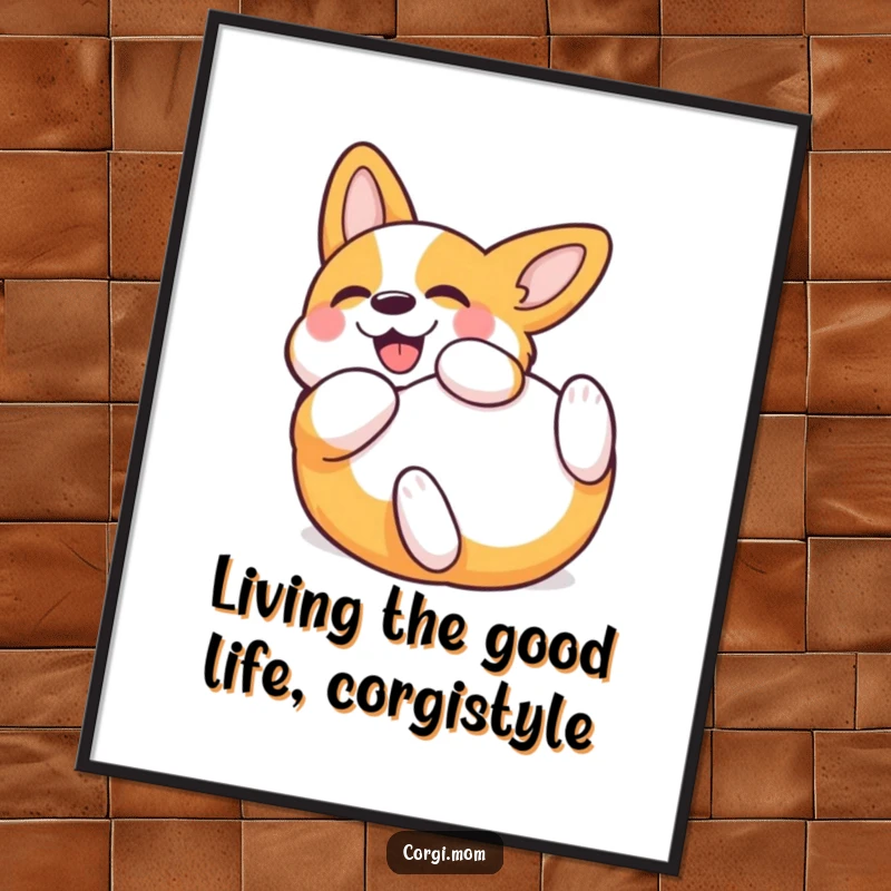 Funny Free Printable Wall Art: Kawaii Corgi rolling on its back in pure delight, playful and humorous dog art.