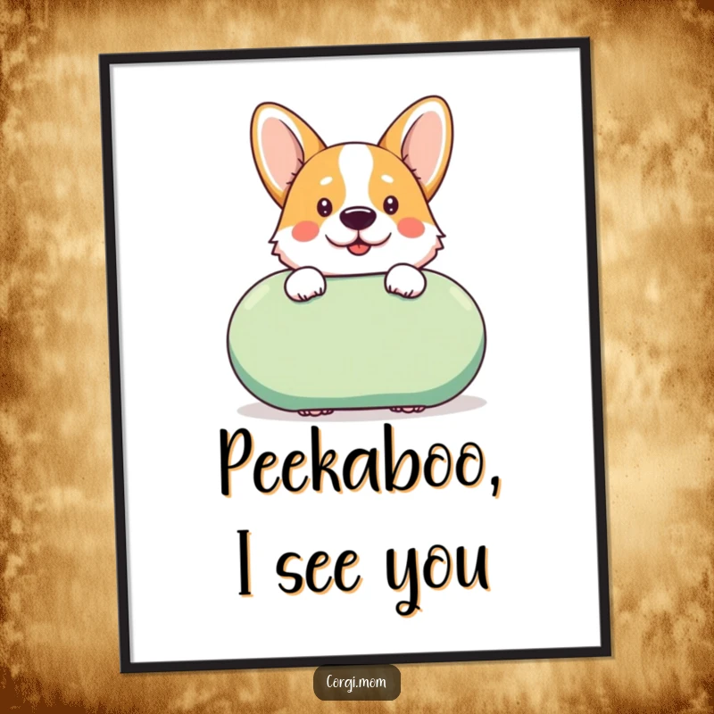Funny Free Printable Wall Art: A kawaii Corgi peeks cheekily from behind a giant squeaky toy, full of playful charm.