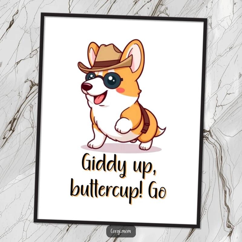 Funny Free Printable Wall Art: Kawaii Corgi wearing a tiny cowboy hat, proudly trotting, western theme, cute decor download.