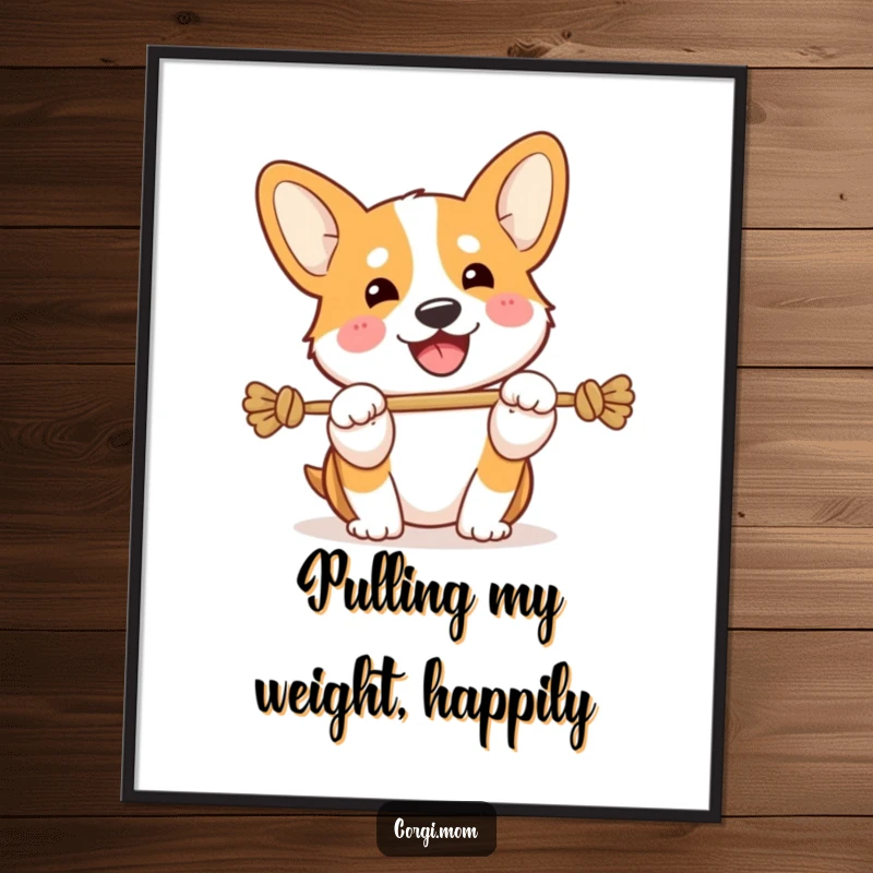 Funny Free Printable Wall Art: Energetic Kawaii Corgi playing tug-of-war with a happy snort, full of fun.