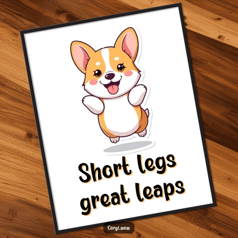 Funny Free Printable Wall Art: A kawaii Corgi does a joyful hop with its short legs, full of boundless energy.