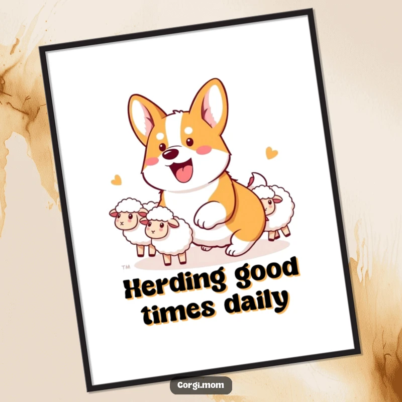 Funny Free Printable Wall Art: A kawaii corgi enthusiastically herding invisible sheep, bringing playful energy to any room.