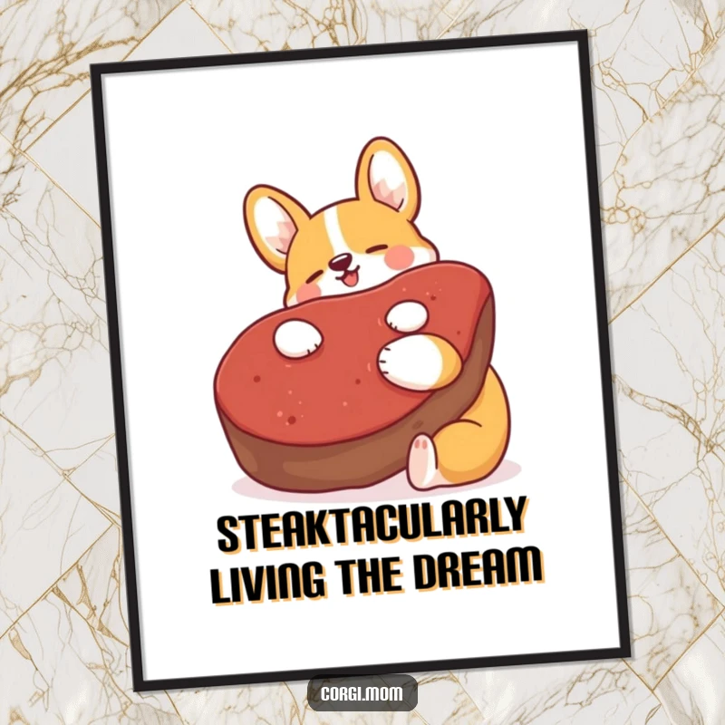 Funny Free Printable Wall Art: Kawaii Corgi embracing a giant plush steak in blissful, happy hug.