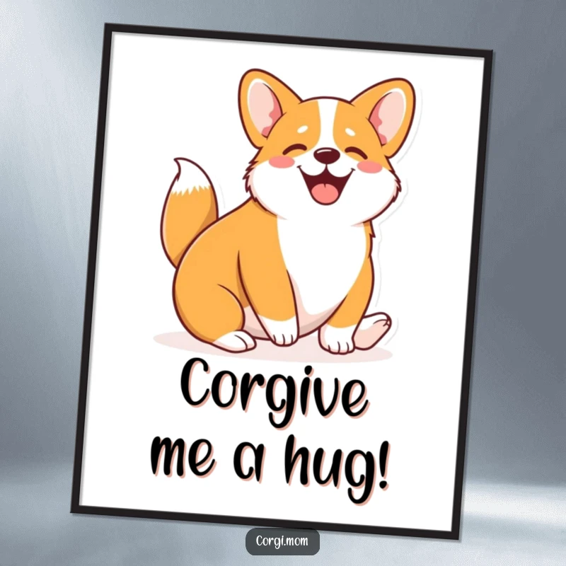 Funny Free Printable Wall Art: A cute Kawaii Corgi is wiggling its entire body with pure, infectious joy and excitement.