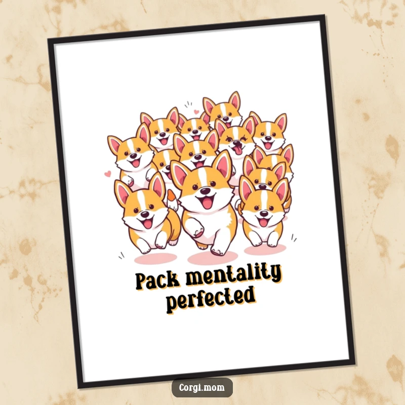 Funny Free Printable Corgi Wall Art: A group of kawaii corgis in a joyful, chaotic pack run, full of energy and happiness.